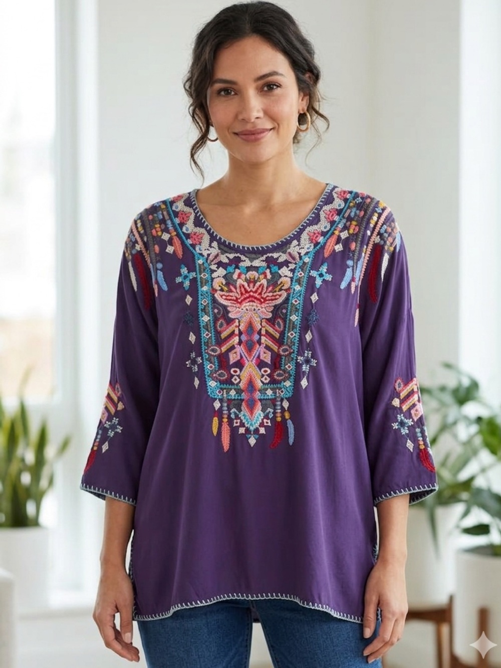 Embroidered Top Blouse Tunic Shirt Floral Feathers Southwestern Purple Johnny M